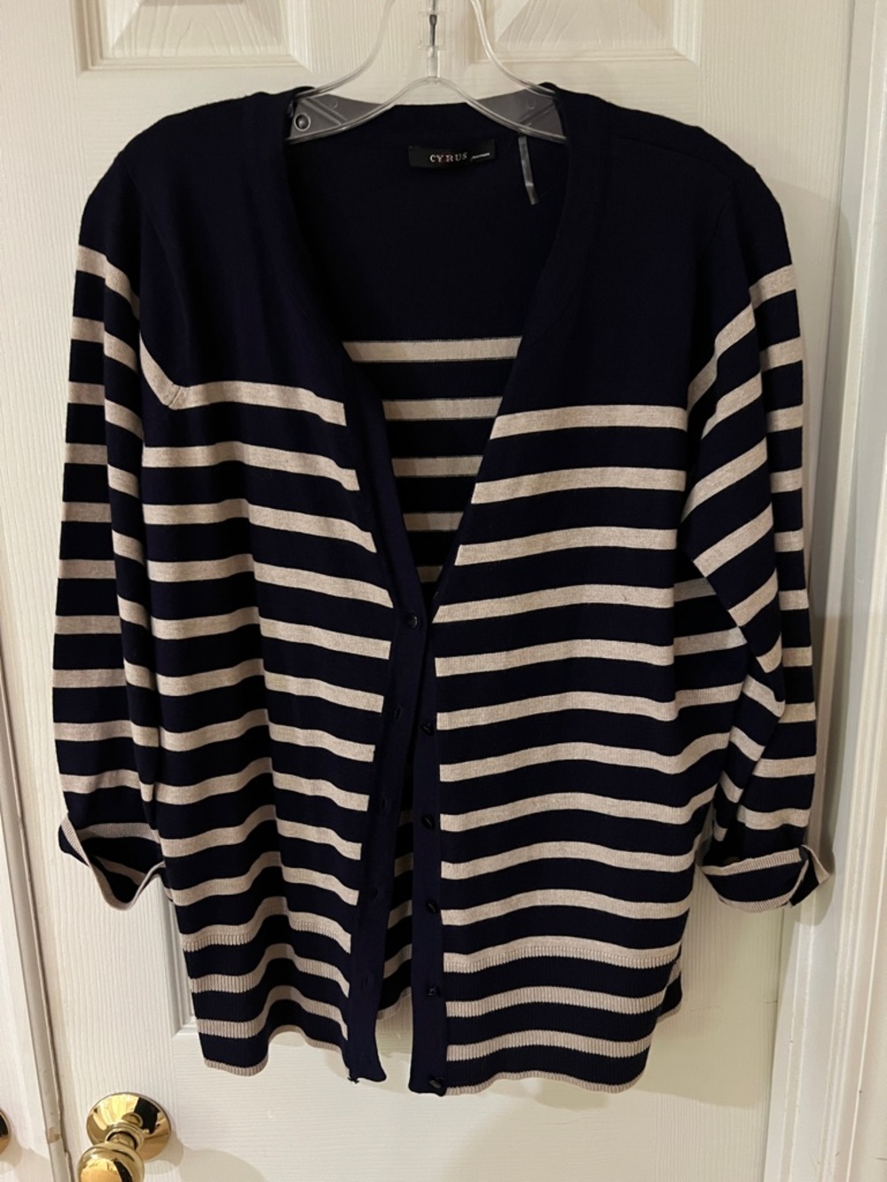 Cyrus Navy and Tan Striped Button-Front Cardigan
